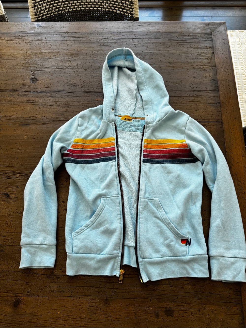 Aviator Nation Light Blue Kids Hoodie with Rainbow Stripes